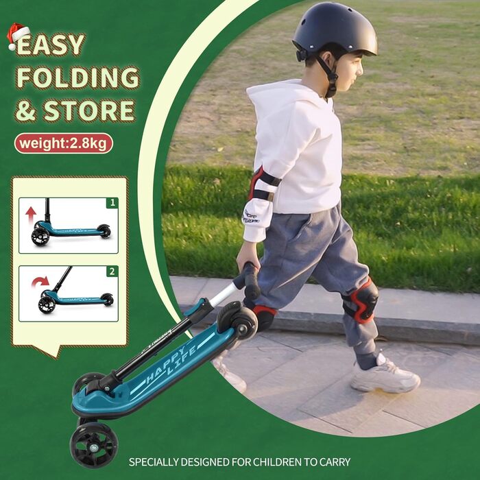 Дитячий трюковий самокат Besrey з великими колесами, світлодіодними ліхтарями та регульованою висотою для дітей 3-8 років, темно-зелений