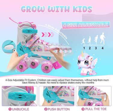 Роликові ковзани для дівчаток та дітей, 4 розміри, регульовані, з 8 світлодіодними колесами, рожеві