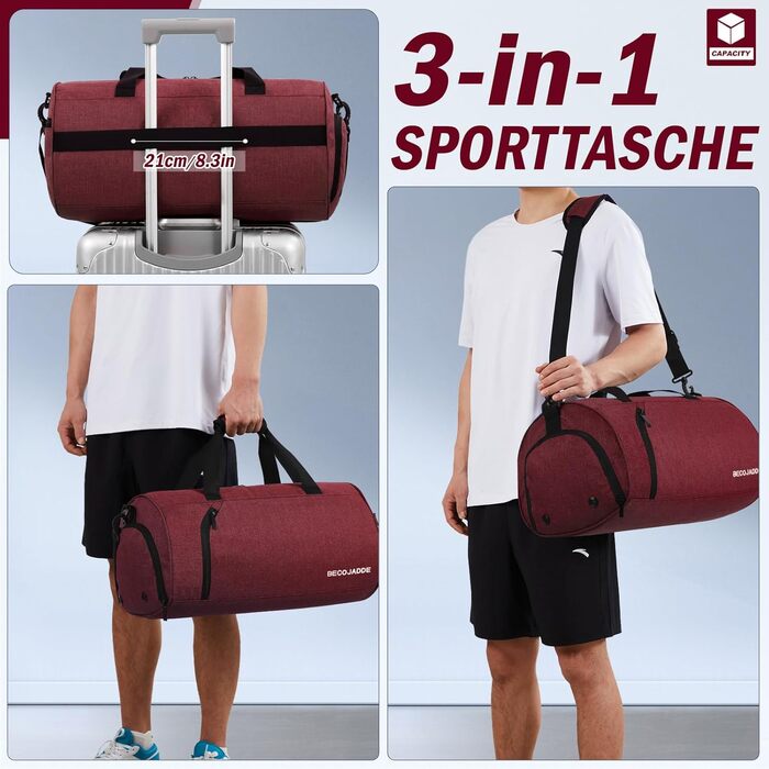 Спортивна сумка 35л для жінок і чоловіків, дорожня duffel-сумка з відділенням для взуття та вологих речей, водонепроникна ручна поклажа для спорту, фітнесу, басейну, колір бордовий