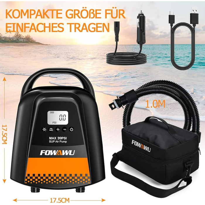 Насос FOWAWU 20PSI для SUP, човнів та каяків: електричний, 12V DC, 2-ступеневий, з автовимкненням