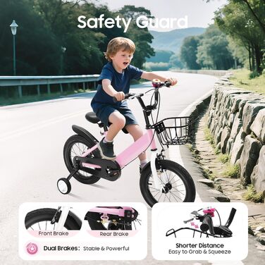 Дитячий велосипед 14 дюймів, регульована висота, рожевий велосипед для дівчаток 3-5 років. З додатковими колесами та кошиком. Ідеальний для навчання та катання на вулиці.