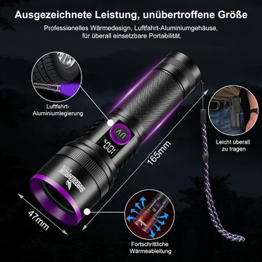 Ліхтарик ультрафіолетовий Shadowhawk 365nm 30W з фільтром, USB-зарядний, для виявлення сечі тварин, смоли, скорпіонів, перевірки банкнот, з LCD-дисплеєм