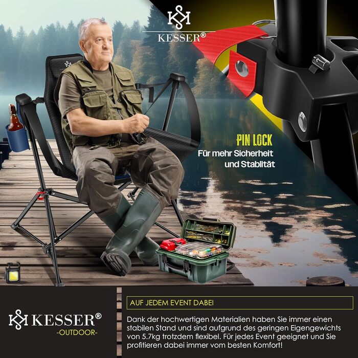 Крісло для кемпінгу KESSER® зі спинкою, 160 кг, з підсвіткою та тримачем для напоїв | Розкладне крісло-гойдалка для риболовлі, пляжу, відпочинку, хакі (темно-синій/чорний)