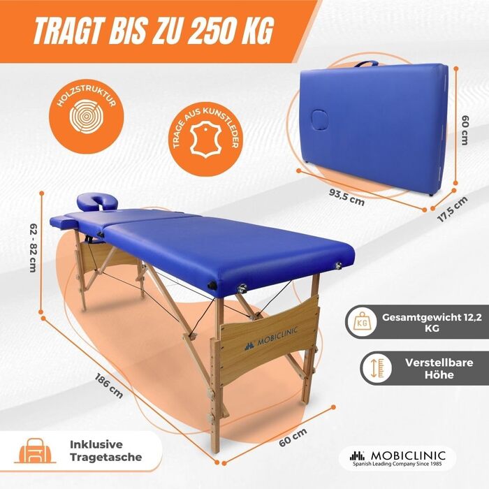 Складний масажний стіл Mobiclinic CM-01 Light 186x60 см, дерев'яний, синій, з підголівником, європейський бренд, портативний стіл для масажу та фізіотерапії
