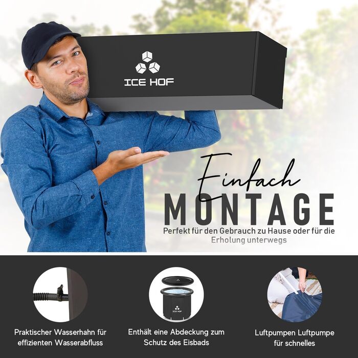IceHof® Ванна для криотерапії XL Plus розмір Ø80x80 см з кришкою, складана надувна ванна для дому та вулиці, 5 шарів ізоляції, портативна ванна для льодяного душу, криотерапія вдома