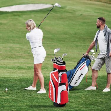 GYMAX Комплект жіночих гольф-клубів, 9-ти частинний, для правші. Включає 3 дерев'яні клюки (#1, 3, 4), 5 залізових (#6, 7, 8, 9, PW) та 1 паттер. З сумкою-підставкою та дощовим захистом, червоний колір.