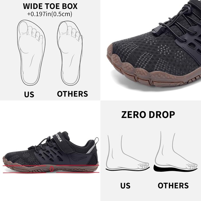 Чоловічі Barfußschuhe Grand Attack – мінімалістичні крос-тренери з широкою передньою частиною, Zero Drop, 45 EU Weit, Zt608 1black Gum