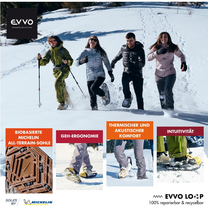 Снігоступи EVVO TOREE з підошвою Michelin Biosourced90, регульованими кріпленнями, у комплекті з сумкою для перенесення, для чоловіків і жінок, універсальні, для снігоступінгу, сірі/антрацитові, розмір L (EU 42–48), вироблені у Франції