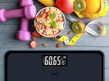 Електронні ваги Eldom GWO270 – ваги для людей з LED-дисплеєм, високою точністю, вимірюванням температури, 50 г точності, загартоване скло, антиковзаюча поверхня, автоматичне вмикання/вимикання, до 180 кг, 26 x 26 см