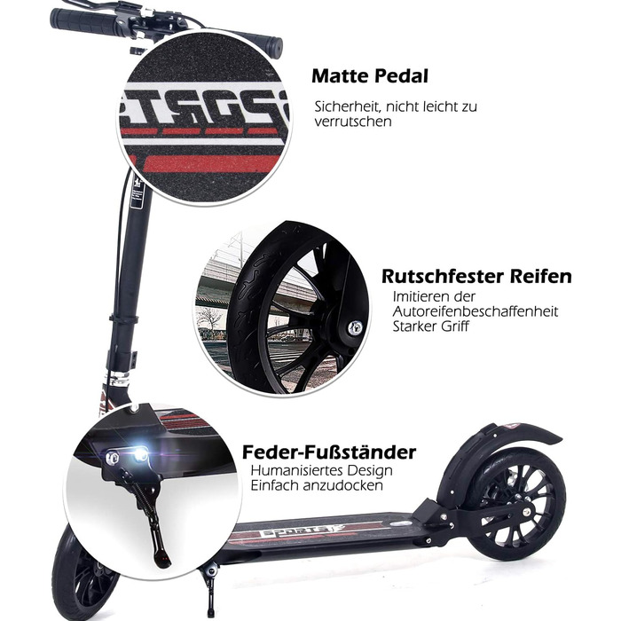 ISE Roller 200mm Big Wheel: Скутер з великим колесом 200 мм, подвійне гальмо, амортизація, складний, для дорослих та дітей, до 100 кг, з ремінним ременем та ручним гальмом, спортивний стиль