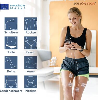 Пристрій TENS Boston Tech ME89 PRO: терапія болю, EMS, 7 режимів, стимуляція м'язів, 4 електроди, 9V батарея, захист від падінь, кейс