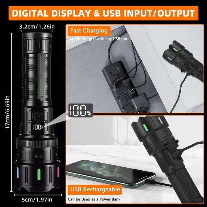 Ліхтар тактичний LED Azyvum, 1000000 люмен, Zoom, 5 режимів, водонепроникний IP67, для кемпінгу, риболовлі, туризму, надзвичайних ситуацій (чорний)