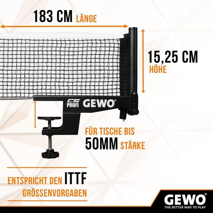 Професійна сітка для настільного тенісу GEWO CS Profi, металева, регульована, чорна, 183 см