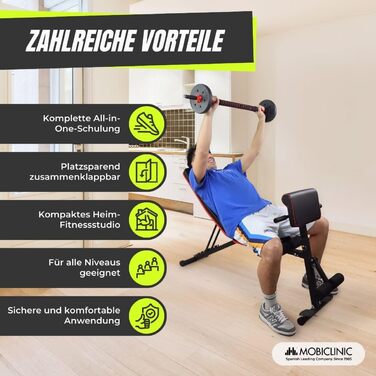 Mobiclinic Складана універсальна лавка для жиму зі штангою, з регульованим нахилом, опором-стрічками, колесами, до 120 кг, для домашнього фітнесу