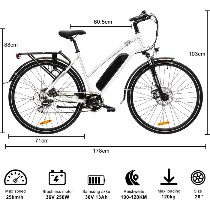 Електровелосипед VecoCraft Athena 28'' для міста, 250Вт, 36В, 10/13А·год, Shimano 8-швидкостей, для жінок і чоловіків, білий, StVZO