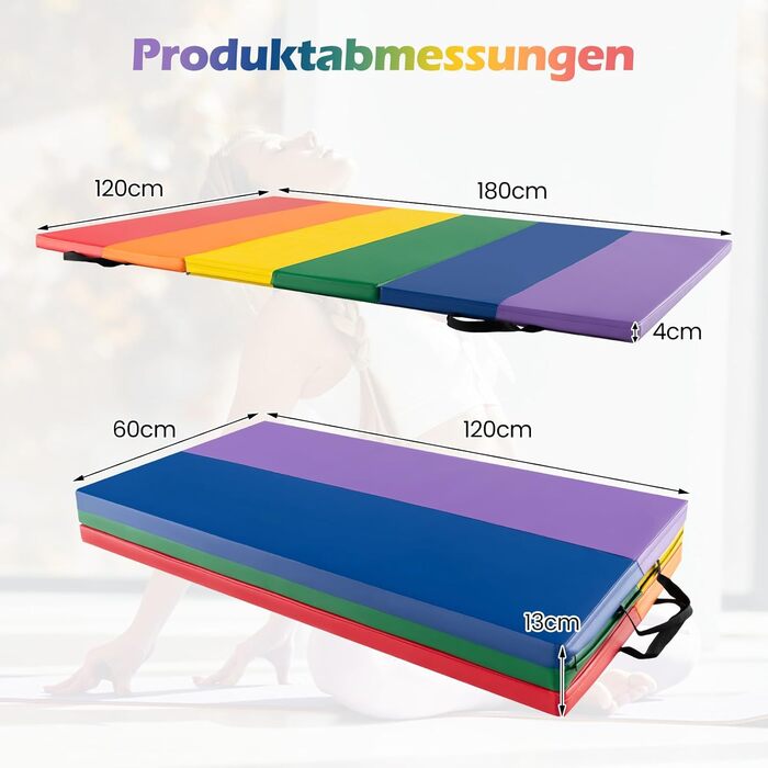 М'який килимок для гімнастики COSTWAY 180x120 см, складаний, з PU, з ручкою для перенесення - для фітнесу, спорту, дому, дітей та дорослих (Багатокольоровий)