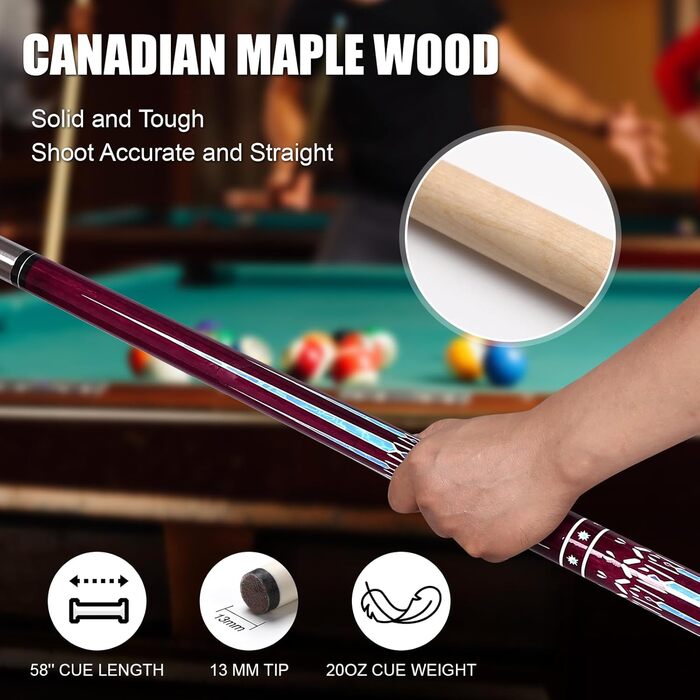 Більярдний кий 58'' з чохлом з PU шкіри, канадський клен, наконечники 13 мм, для професійних гравців