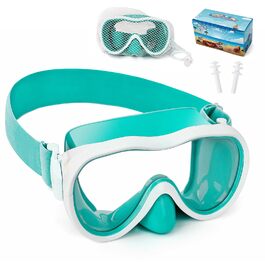 Дитячі окуляри для плавання WAVE Kinder (зелено-білі) з антифог покриттям та маскою для снорклінгу, UV-захист