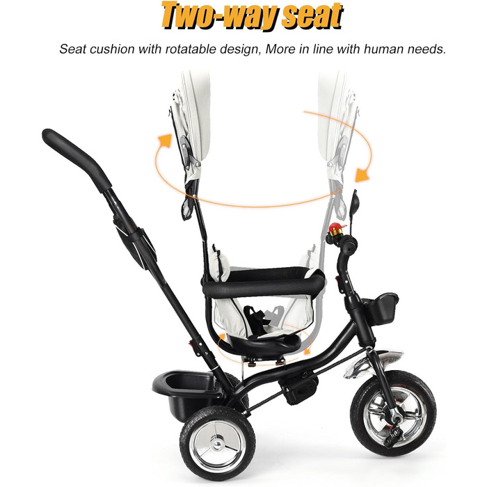 Триколісний велосипед 4-в-1 для дітей від 1 року з батьківською ручкою – дитячий триколіс для 1-4 роки до 25 кг, регульована батьківська ручка, поворотне сидіння, складаний навіс та кошик – компактний та безпечний (світло-сірий)