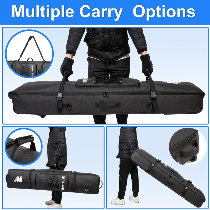 Чохол для сноуборду на колесах, 170 см, чорний. Захисний кейс для сноуборду та черевиків.