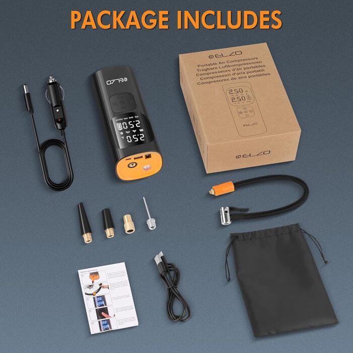 Електричний компресор ELZO для велосипедів, м'ячів та авто: 150 PSI, 7500mAh, LCD-дисплей, автостоп