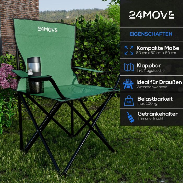 Набір з 2 туристичних стільців 24MOVE® для відпочинку на природі - складані стільці для кемпінгу, риболовлі, саду та дому, зелені