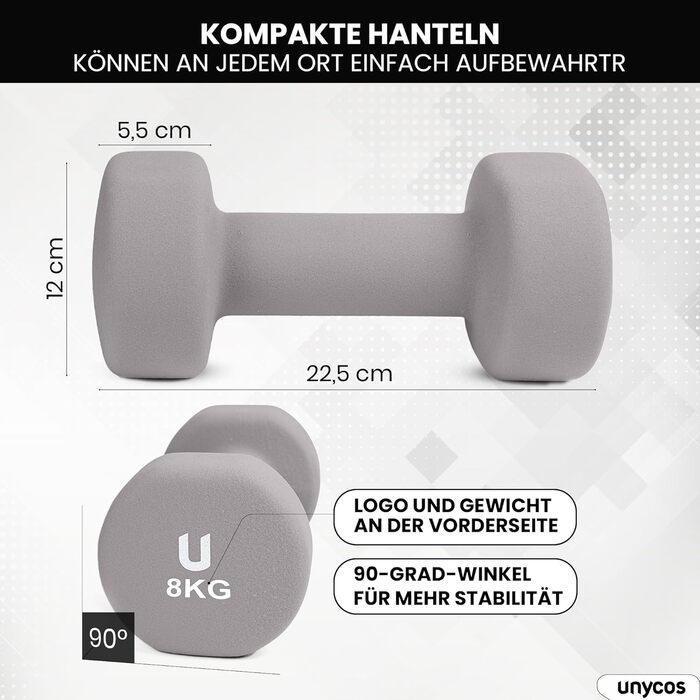 Неопренові гантелі unycos 2 x 8 кг, набір для чоловіків і жінок, круглі, протиковзкі, антироликовий дизайн, зручна ручка, для фітнесу, пілатесу, силових тренувань, світло-сірі