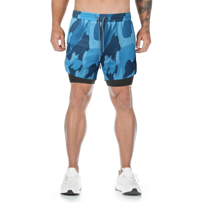 Шорти спортивні чоловічі 2-в-1 для бігу та фітнесу з вбудованою кишенею, камуфляжний (S)