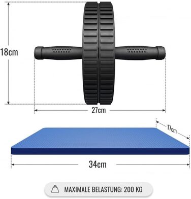 Брюшний ролик GORILLA SPORTS з килимком для колін, 27x18 см, гумовий, нековзкий, чорний — ролик для пресу, тренажер для пресу, абдомінальне колесо для домашніх тренувань