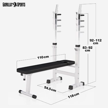 GORILLA SPORTS® Лава для жиму з підставкою, регульована висота і кут нахилу, складана, до 200 кг, чорна або біла, багатофункціональна тренувальна лава