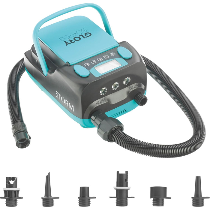 GLORY BOARDS® Storm - електричний насос для SUP з акумулятором, 20 PSI, 4 дошки, LED-ліхтар, USB-зарядка, 6 адаптерів