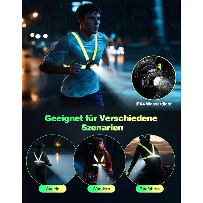 Фара для бігу Lauflampe Joggen: нагрудна ліхтар з регулюванням 45°, 500 люмен, 2 кольори, USB-C, IPX4, подвійний ремінь з відбивачами 360° для кемпінгу, велоспорту та активного відпочинку