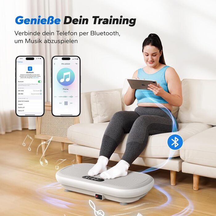 Вібраційна платформа MERACH для тренувань та фігури, амплітуда 13 мм, вантажопідйомність 200 кг, силіконовий педал, Bluetooth-динамік (сірий)