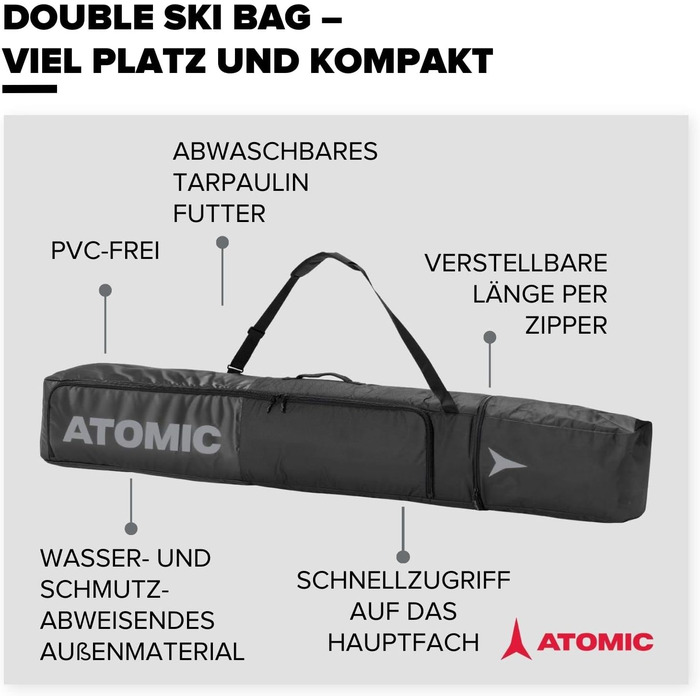Чохол для двох пар лиж Atomic Double SKI Bag 175-205 см, водостійкий, з ременем, чорний/сірий
