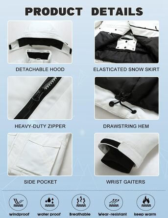 Сніговий костюм HOUZONIY для чоловіків: комплект штанів та куртки для катання на лижах та сноуборді (XL, білий+чорний)