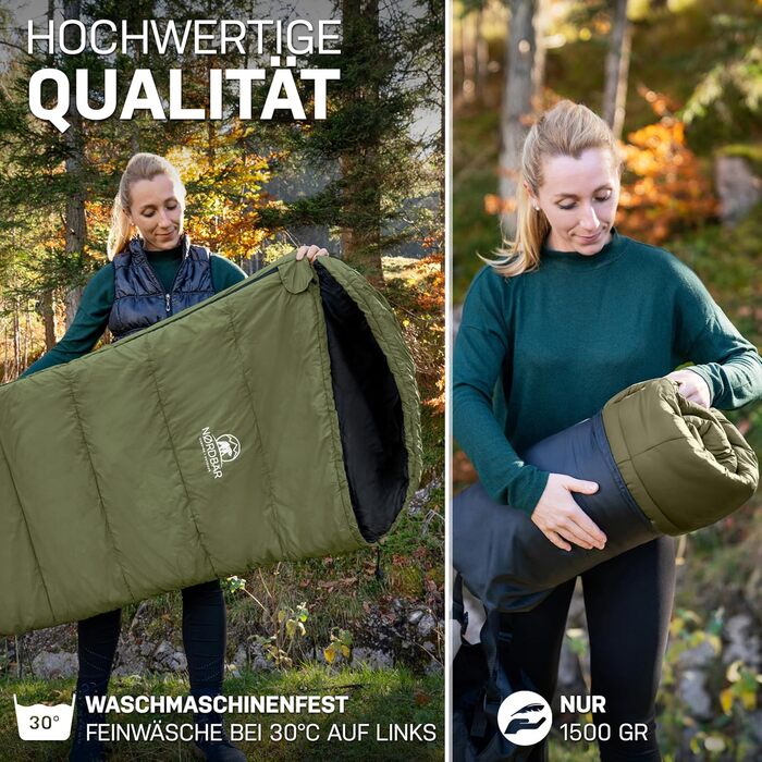 Сплячий мішок NORDBÄR® 3 сезони/літо, ультралегкий [750г/1500г] | Спальний мішок-кокон для кемпінгу | Компактний | Для подорожей, туризму, гірських хат | Літній спальний мішок, зелений (оливковий)