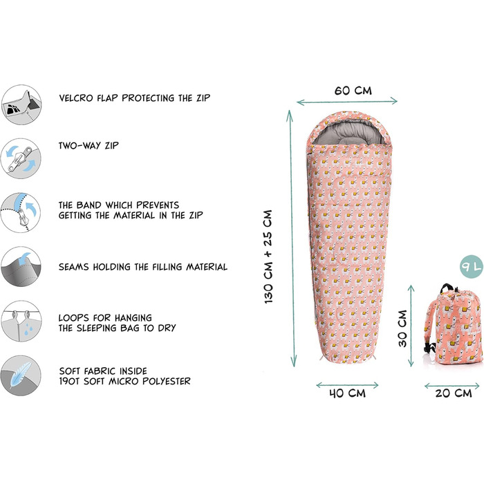 Дитячий спальний мішок Meteor Premium Kinder Ultraleicht - ультралегкий, для кемпінгу та подорожей, з рюкзаком (Лама)