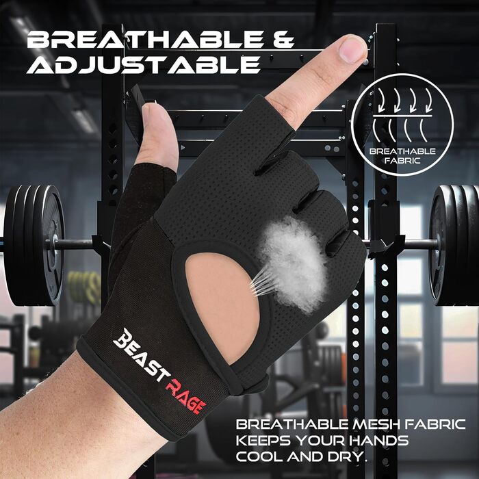Фитнес-рукавички BEAST RAGE: дихаючі, для чоловіків та жінок, важке підняття, бодібілдинг, тренування, неслизькі, кросфіт, силові тренування, велоспорт (XL, Чорний)