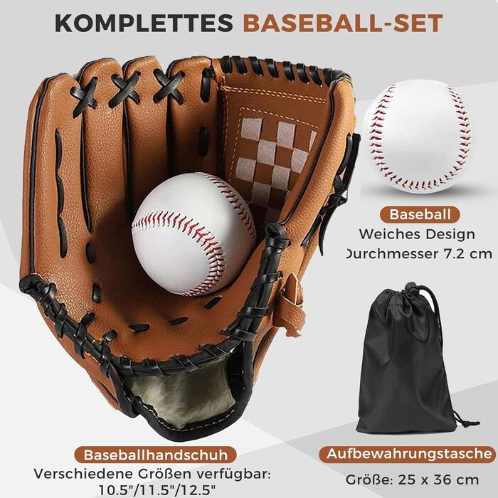 Рукавиця для бейсболу та софтболу Recht Hand 12.5 дюймів, коричнева, для дорослих, з м'ячем для тренувань та змагань