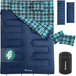 Спальний мішок KingCamp для 2 осіб з фланелі, зимовий, теплий, 3-4 сезони, з 2 подушками, для кемпінгу та відпочинку на природі, синій