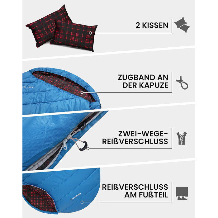 Спальний мішок KingCamp для 2 осіб з фланелі, зимовий, теплий, 3-4 сезони, з 2 подушками, для кемпінгу та відпочинку на природі (синьо-блакитний)