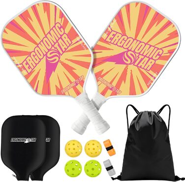 Набір для піклболу Ergonomicstar: фібергласові ракетки, 4 м'ячі, сумка та чохол. Легкі ракетки для початківців, підходять для гри в приміщенні та на вулиці (помаранчеві)