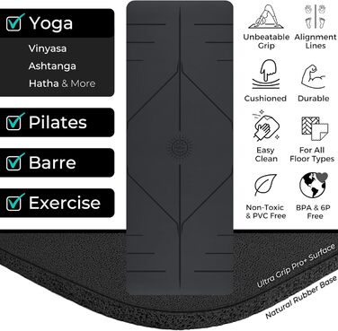 Килимок для йоги Plyopic Ultra-Grip Pro+ – антиковзаюча поверхня, комфортний та стійкий до поту. Лінія вирівнювання. Для йоги, пілатесу, бікраму та хот-йоги