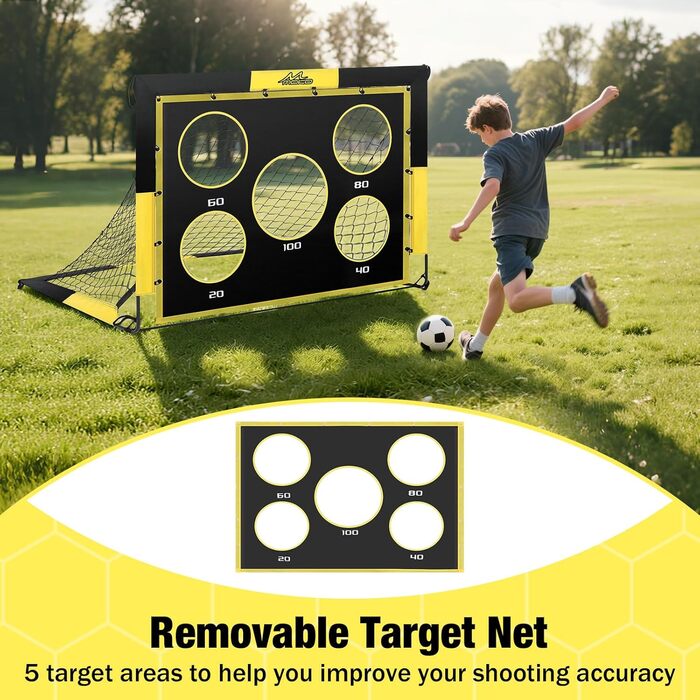 Ворота для футболу MoKo для саду, 150x120 см, сітка з мішенню, портативне обладнання для тренувань дітей, ігровий спорт на відкритому повітрі (чорний+жовтий)