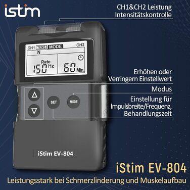 iStim EV-804 TENS/EMS: 2-канальний масажер для зняття болю та м'язової стимуляції – 24 програми, 7 режимів, 8 електродів, для спини, шиї, колін