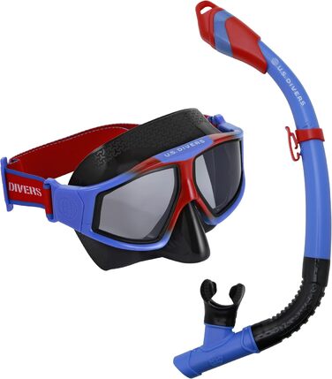 Набір для дайвінгу US.Divers Avila: маска та трубка з клапаном для дорослих, UV-захист, антифог, захист від протікань, силіконова маска, синя з червоними темними лінзами, для плавання та снорклінгу