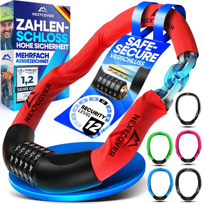 NEXTCOVER® Замок для велосипеда LockPro з кодовим замком - Оригінал - [SAFESECURE] Висока безпека | 5-значний код, сталевий замок для велосипеда, замок для електровелосипеда, ланцюговий замок, червоний