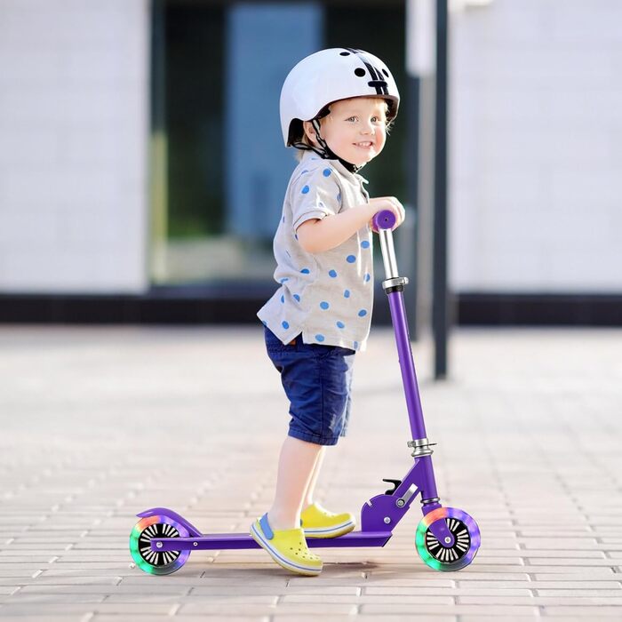 Самокат дитячий Kinder Scooter з LED-колесами, алюмінієвий, складаний, 3 регульовані висоти, до 50 кг, фіолетовий, зі стійкою та ременем безпеки