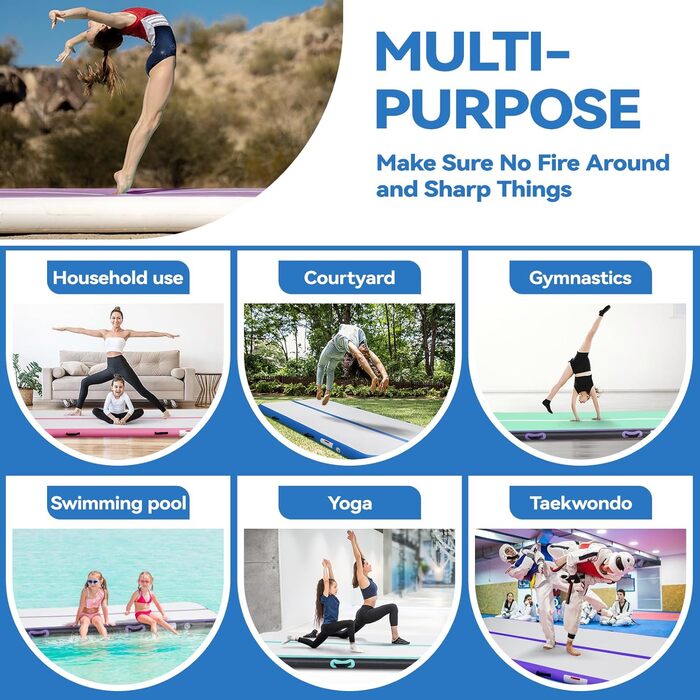 AirTrack Мат для гімнастики з електричним насосом, 10/20 см товщина, 2/3/4/5/6 м довжина. Килимок для акробатики, йоги, кемпінгу, тренувань. Зелений.