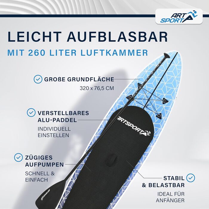 Надувна SUP-дошка ArtSport 320 см, 150 кг, комплект – весло, насос, ремінь, сумка, аксесуари